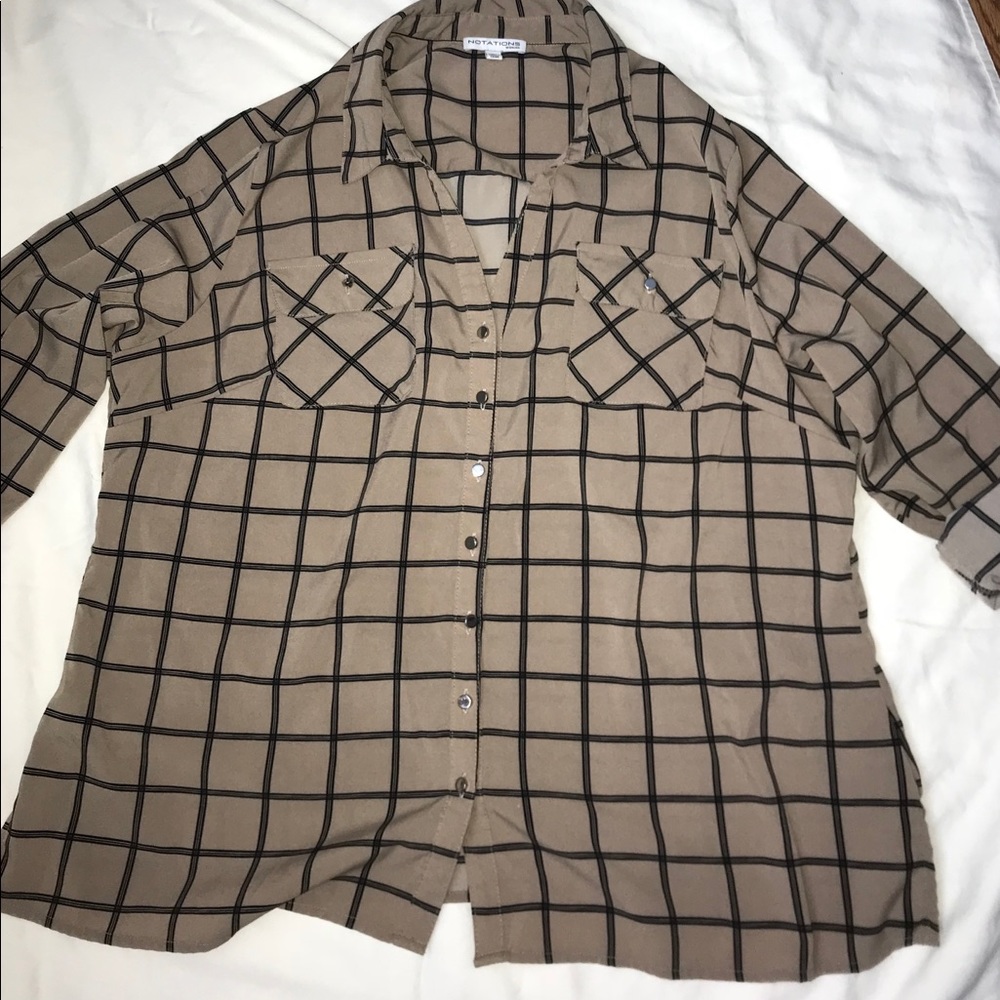 Brown button up blouse with black line detailing